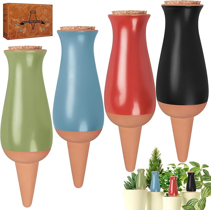 4 Packs Ollas Plant Watering Globes, 12 Oz Terracotta Self Watering Planter Insert, Automatic Watering Devices, Clay Drip Irrigation Stake for Indoor & Outdoor Plant, 1 Week Easy to Refill(Multicolor)