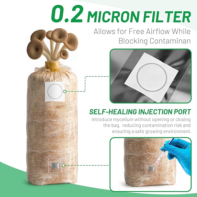 GREANER 3 Mil Mushroom Bag 25PCS, 4"x3"x20" Thick Durable Spawn Bag with Injection Ports, 0.2 Micron Porosity Resistant High Pressure Mushroom Growing Supplies