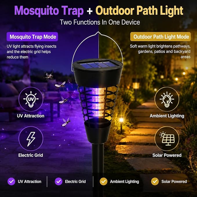 Solar Mosquito Zapper Outdoor 4 Pack, 2-in-1 Mosquito Trap Light Used to Keep Away Gnat Small Flying Insect,Waterproof Bug Zapper for Outside,Solar Fly Zapper for Patio Garden Backyard