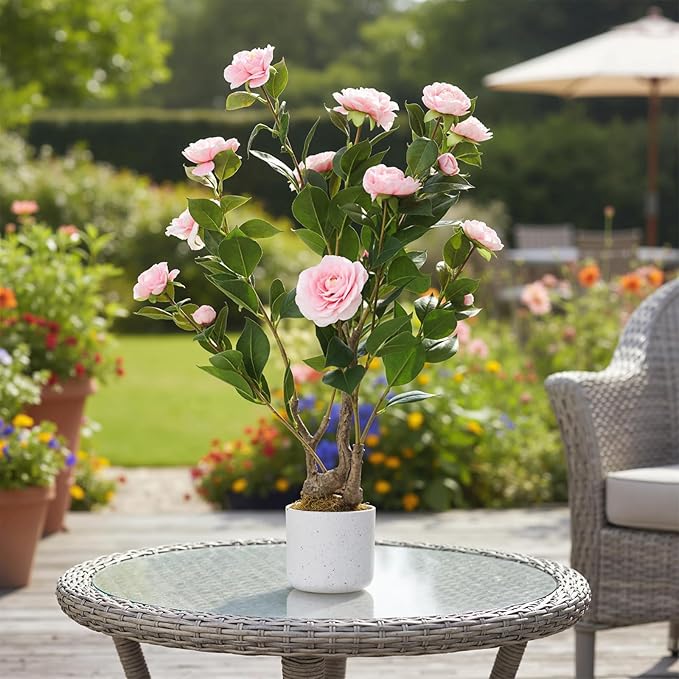 2.5FT Artificial Camellia Tree, Faux Camellia Plant with White Planter and 16 Pink Flowers, 30" Fake Potted Flower Trees for Home and Office Decor, Pink