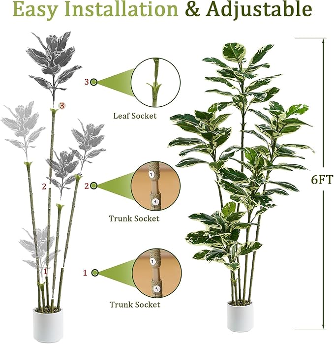 Artificial Rubber Plant 6FT Faux Plants Indoor Fake Rubber Tree with White Planter, Tall Fake Plants Potted Tree Floor Plant in Pot, Artificial Trees for Home Office Room Outdoor Decor
