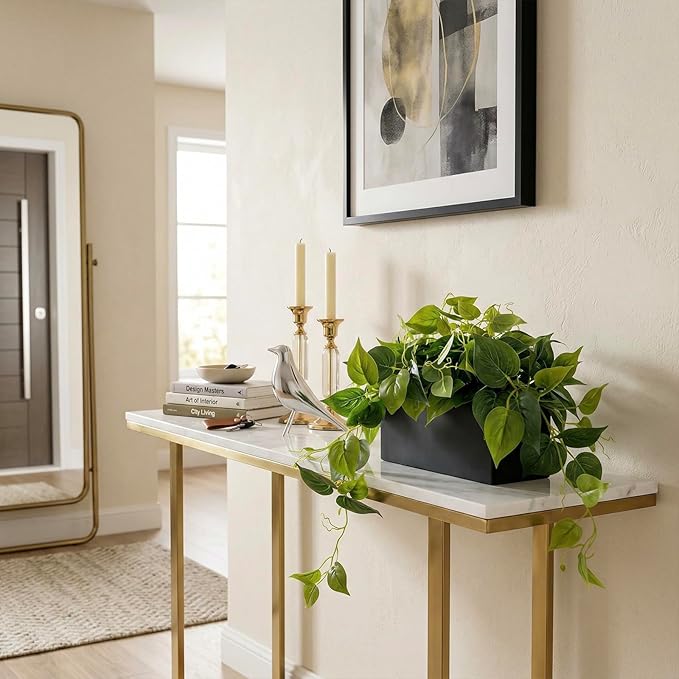 MyGift Vibrant Lifelike Artificial Plant Pothos Leafy Vine Greenery in Black Concrete Rectangular Planter Box