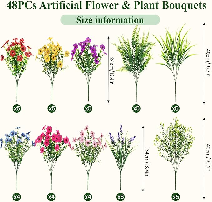 Alupssuc 48 Bundles Artificial Flowers for Outdoors Planters Spring Decoration, UV Resistant Faux Eucalyptus Violet and Lavender Silk Fake Plants for Outside Indoor Yard Home Patio Decor, Mix 6 Colors