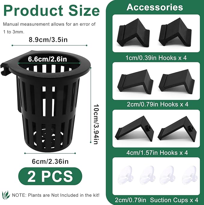 2PCS Upgraded Large Aquarium Plant Holder with 1.57" Extension Hooks and Suction Cups, Aquatic Plant Holder for Fish Tank Aquaponic Plants Cultivation and Aquascape Accessories, Black