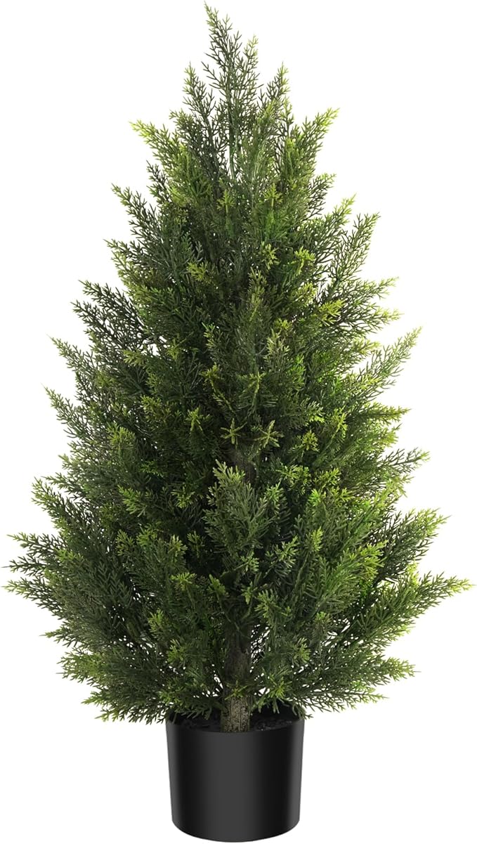 Vitalismo Outdoor Artificial Cedar Topiary Tree, Faux Evergreen Shrubs for Front Porch Decor, Lifelike Fake Bushes Plants for Home Living Room Front Door Decor (1, 3ft)
