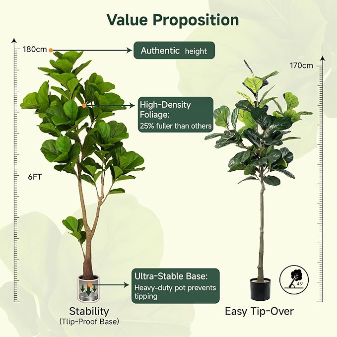6ft Artificial Fiddle Leaf Fig Tree Tall Large Realistic Fake Ficus Lyrata Plant for Indoor Home Decor Office Living Room Floor Plant Modern Farmhouse Silk Tree 72 Inch Pet Safe Maintenance Free
