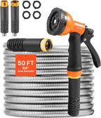 VEVOR Garden Hose Metal 50FT – Heavy Duty Stainless Steel Water Hose, Flexible, No Kink & Tangle, Puncture Resistant & Rust Proof, Lightweight w/ 10-Function Spray Nozzle for Yard, Outdoor, Gardening