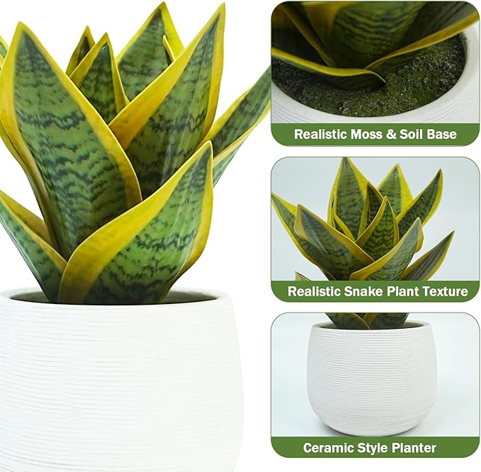8" Artificial Snake Plant & Faux Agave in White Ceramic Pot - Sansevieria Potted Greenery, Real Touch Small Fake Plant for Home Office Desk, Bookshelf, Bathroom Decor (1 Pack)