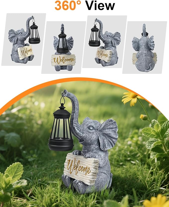 Outdoor Elephant Statues Solar Garden Decor Lights - Elephant Decoration for Garden, Balcony, Patio, Yard, Lawn - Housewarming, Fathers Day, Unique Birthday Gifts for Women Mom Grandma(Gold)
