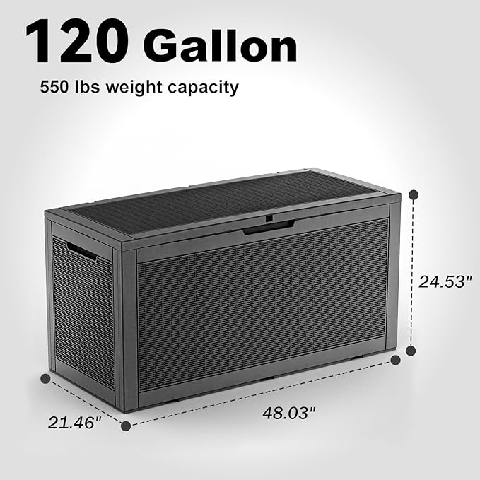 PatioZen 120 Gallon Resin Deck Box, Lockable Weatherproof Outdoor Storage Box for Furniture, Garden Tools and Tools Storage, Waterproof Outside Storage Boxes - Black