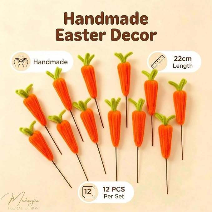 12 Pcs Easter Artificial Carrots Picks Decoration, Mini Fake Carrots Decor Picks, Cute Metal Fake Carrot for Bunny Decorations, Trees Topper Branches Ornaments Vase Filler Spring Home Decor Gifts