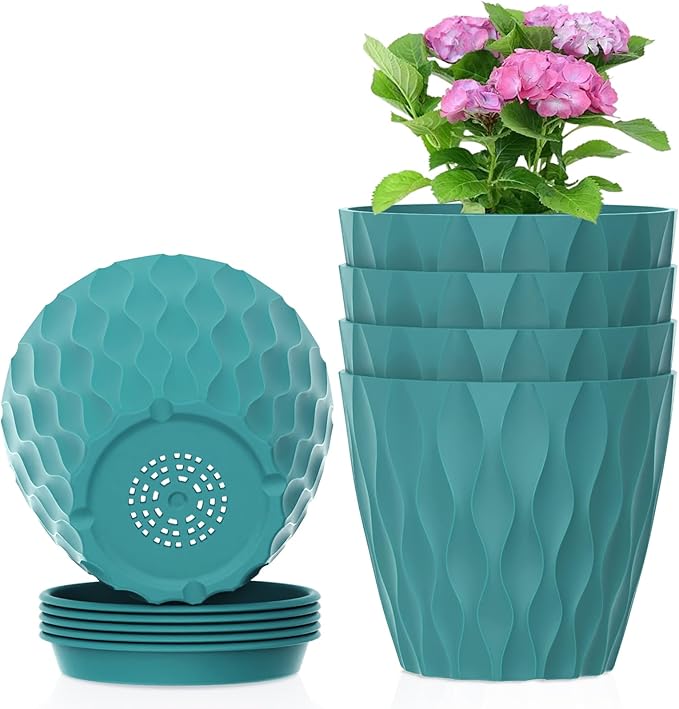 Meowell 6 inch Flower Pots, 5 Pack Plant Pots for Indoor Plants, Water Ripples Plastic Planters with Drainage Holes and Saucers, Nursery Pots for Small Succulent Garden House Plants, Blue Green
