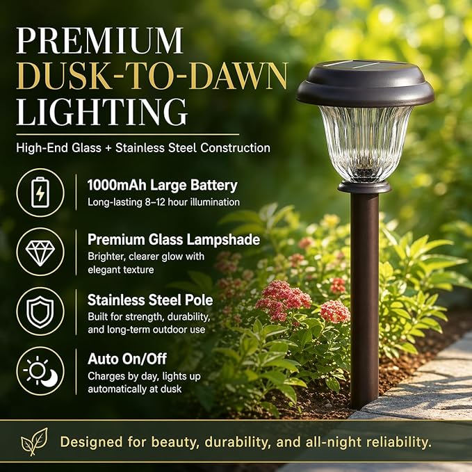 DERAYSION 8 Pack Solar Lights Outdoor, Stainless Steel Glass Solar Pathway Lights, Auto On/Off Long-Lasting Waterproof Garden Lights for Landscape, Path, Yard, Driveway, Walkway Decor (Warm White)