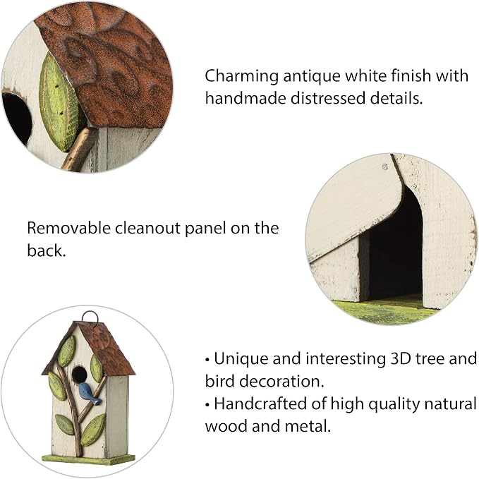 Glitzhome 9.7" H Hanging Birdhouse for Outdoor Patio Garden Decorative Pet Cottage Distressed Wooden Bird House for Finch Swallow Wren Chickadee, Leaves Rustic White