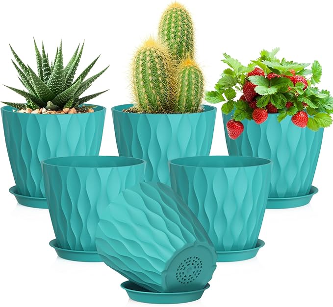 Meowell 5 inch Plant Pots for Indoor Outdoor Plants, 6 Pack Flower Pots with Drainage Holes and Saucers, 3D Modern Wave Texture Small Plastic Planter Pots for Nursery and House Plants, Blue Green