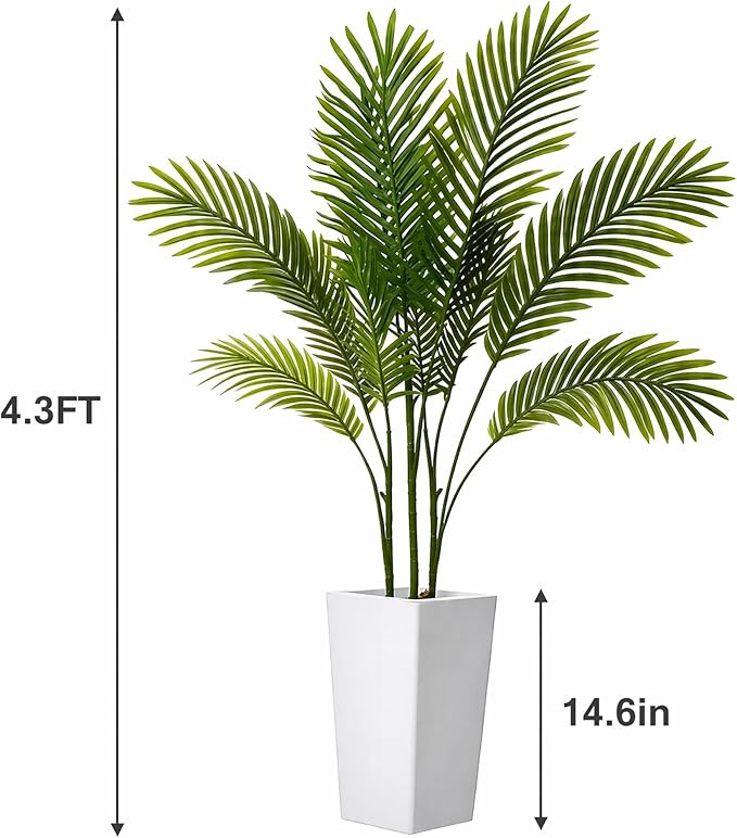 Garvee 4.3FT Artificial Palm Tree, Tall Faux Tropical Areca Plants with White Tall Planter, Fake Potted Tree with Lifelike Leaves for Indoor Living Room Bedroom Home Office Decor