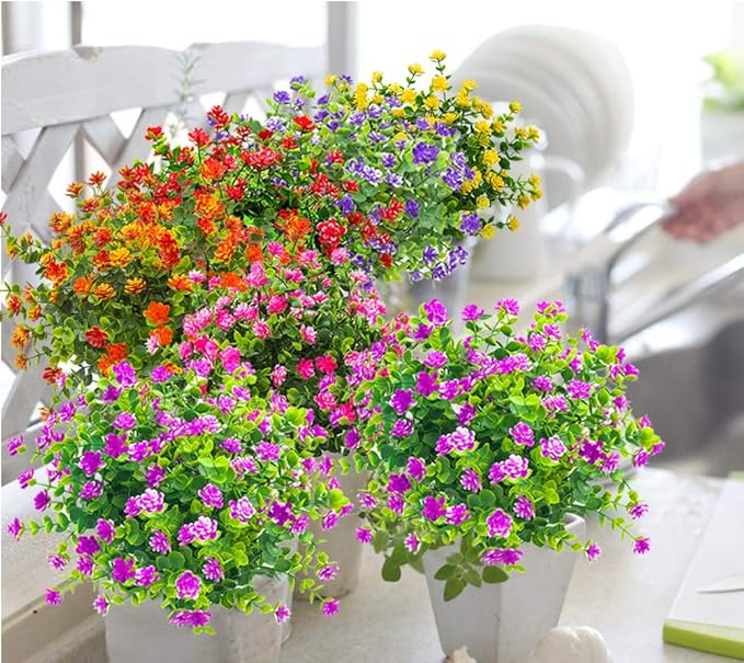Grunyia 10 Bundles Artificial Fake Flowers, Faux Outdoor Plastic Plants UV Resistant Shrubs Outside Indoor Decorations (Purple-Eucalyptus)
