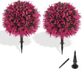 Grooy Artificial Topiary Tree with Pink Eucalyptus, Set of 2 Artificial Shrub Bushes with Ground Spike, Fake Evergreen Tree for Porch, Artificial Plants for Outdoor Planters Indoor UV Resist