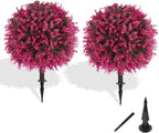 Grooy Artificial Topiary Tree with Pink Eucalyptus, Set of 2 Artificial Shrub Bushes with Ground Spike, Fake Evergreen Tree for Porch, Artificial Plants for Outdoor Planters Indoor UV Resist
