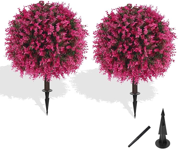 Grooy Artificial Topiary Tree with Pink Eucalyptus, Set of 2 Artificial Shrub Bushes with Ground Spike, Fake Evergreen Tree for Porch, Artificial Plants for Outdoor Planters Indoor UV Resist
