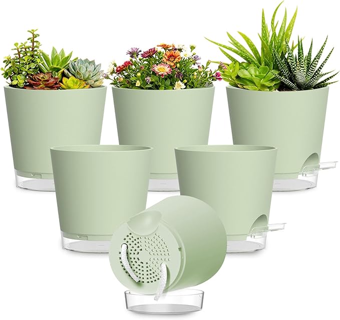 Plant Pots 5 Inch Self Watering Pots,6 Pack Plastic Planters with Drainage Holes and Clear Saucers,Plastic Flower Pots,Nursery Planting Pot for Indoor Out Door Plants (Green)