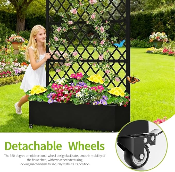 Metal Planter Box with Privacy Screen Trellis,Galvanized Raised Garden Bed On Wheels for Climbing Plants Vines, Standing Garden Flower Bed with Drainage Holes (Black, 47" L x16 W x 73" H)