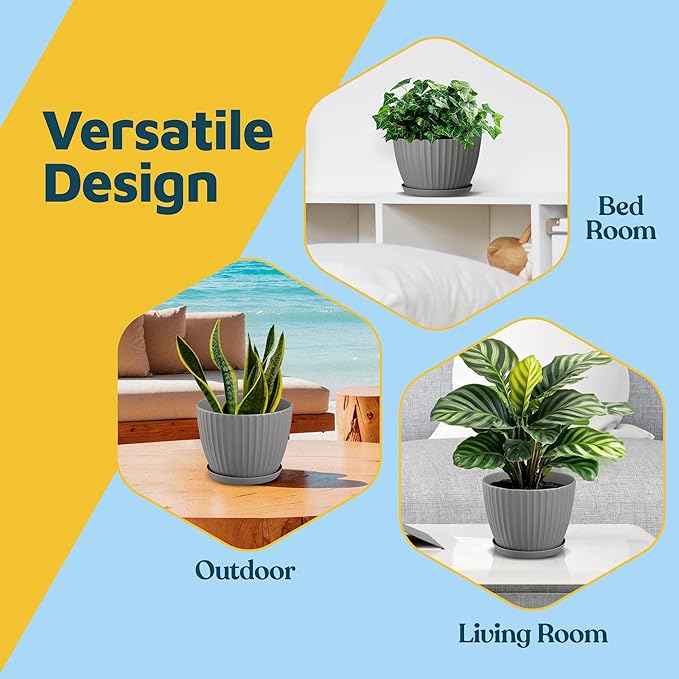 Gray 6-Inch Plant Pots with Drainage & Saucers 18 Pack, Indoor & Outdoor Planters for Houseplants, Herbs, and Flowers, Durable & Weatherproof Material, Stackable, Lightweight, Minimalist Design
