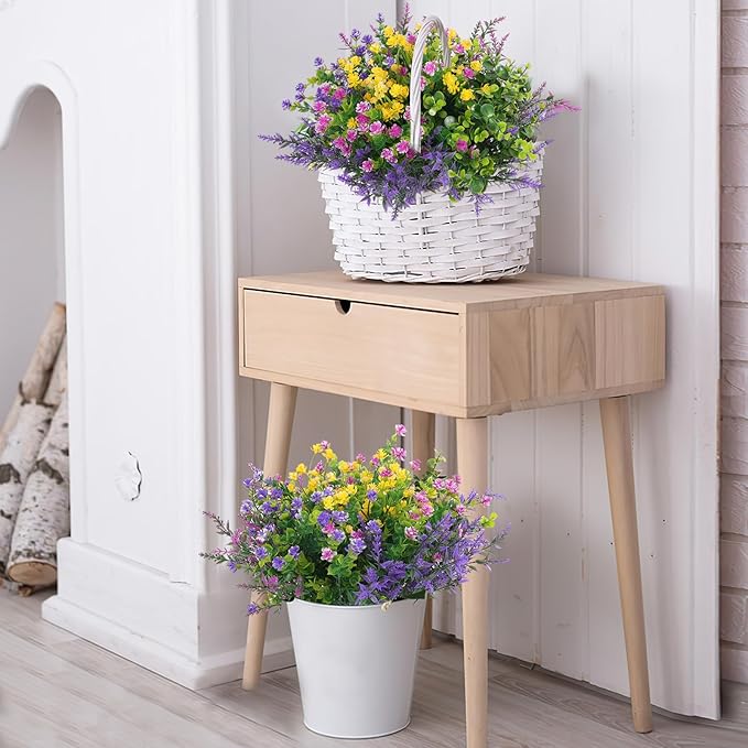 Hananona 48 Pcs Artificial Flowers Outdoor, Faux Artificial Plants UV Resistant Plastic Flower Bulk for Hanging Planter Porch Window Home Wedding Fall Summer Decor (48, Fuchsia, Purple, Yellow, Green)