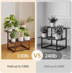 Plant Stand Indoor Outdoor, Foldable Metal Plant Shelf for Multiple Pots, Mid Century Slatted Bench for Patio Garden, Heavy Duty Capacity 330 lbs 2 Tier Coffee