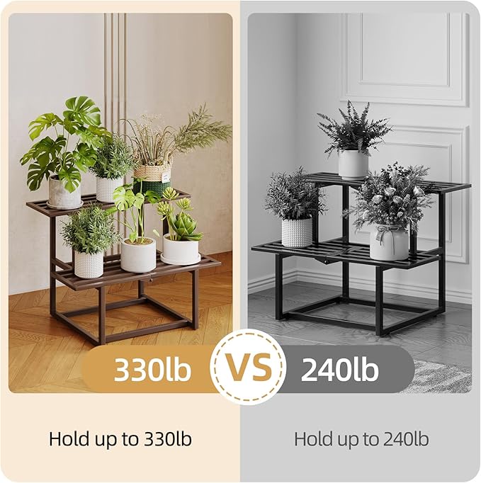 Plant Stand Indoor Outdoor, Foldable Metal Plant Shelf for Multiple Pots, Mid Century Slatted Bench for Patio Garden, Heavy Duty Capacity 330 lbs 2 Tier Coffee