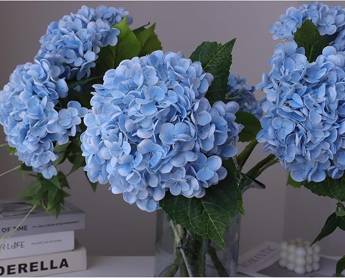 Buart 4PCS Long Stem Big Size Blue Flowers Artificial Silk Hydrangea Lifelike Flowers Real Touch Blue Artificial Flowers Wedding Shower Bride Bouquets Office Living Room Table Decorations (21 Inch)