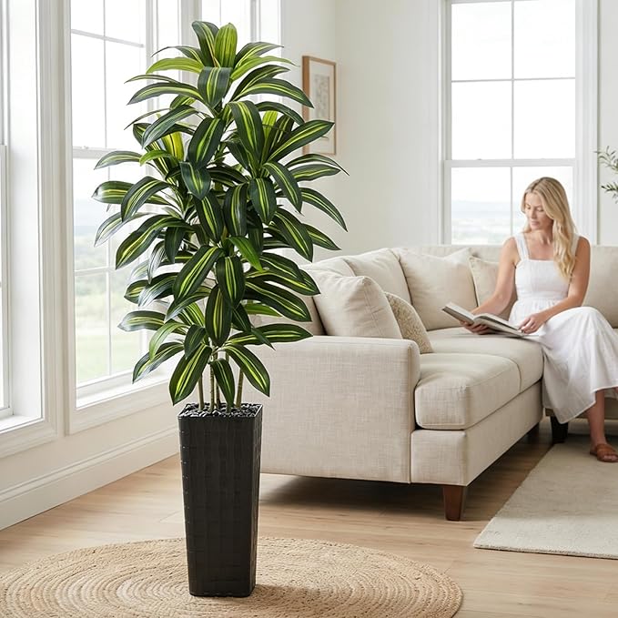 Artificial Dracaena Tree：7FT Faux Silk Tropical Yucca Floor Trees Realistic Fake Green Plant with Natural Wood Trunk & Lifelike Leaves for Home Office Decor Indoor & Outdoor (7FT,1-Pack,Black)
