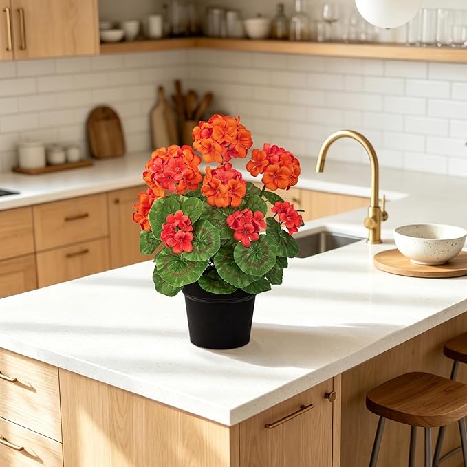 Briful 15.7in Artificial Geranium Plant in Black Pot, Orange Faux Potted Flowers, Real Touch Geraniums for Indoor Outdoor Decor, Table Centerpiece Farmhouse Home, Office, Porch & Living Room Decor