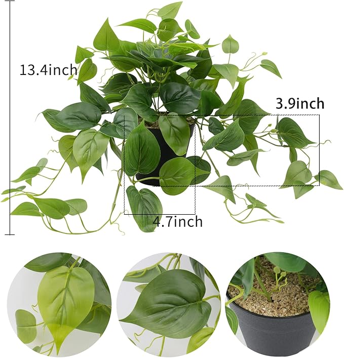 LOYWREE Artificial Scindapsus Aureus Fake Pothos Plants in Black Pots - Realistic Faux Indoor Greenery Potted for Home, Office, Desk, Shelf, Living Room, Bedroom, Balcony, Patio & Garden Decor