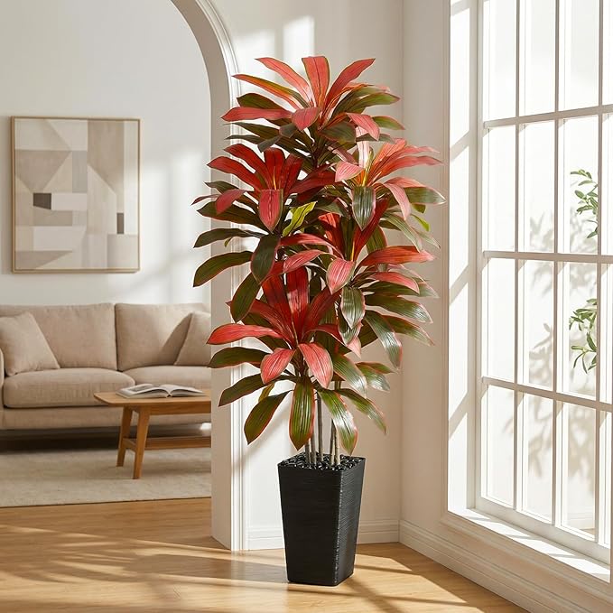 Artificial Dracaena Tree：6FT Faux Silk Tropical Yucca Floor Trees Realistic Fake Green Plant with Natural Wood Trunk & Lifelike Leaves for Home Office Decor Indoor & Outdoor (6FT,1-Pack,Black)