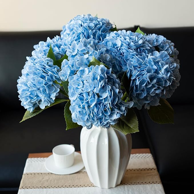 DUYONE 4PCS Artificial Flowers Large Hydrangeas Flowers Latex Bouquet for Wedding Bridal Office Home Party Decoration (4Pcs Blue)