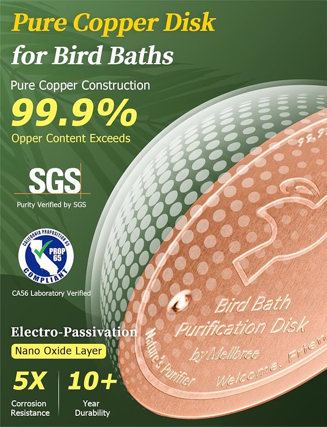 Mellbree Bird Bath Copper Disc, 0.6mm Reinforced 99.99% Pure Copper Cleaning Disk for Physical Safe Clean Water All-Season, Universal Fit for Outdoor Birdbaths, Bowl, Bird Bath Solar