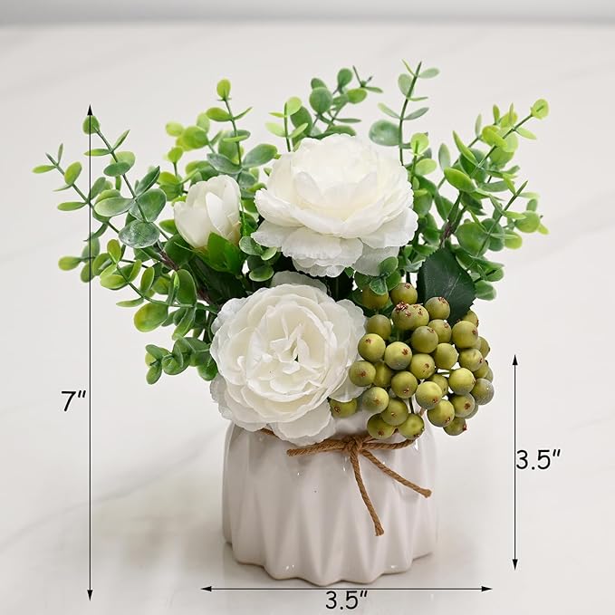 LADADA Artificial Flowers with Vase – White Peony Fake Floral Arrangement with Eucalyptus Leaves and Green Berries for Tabletop Decor, Bathroom, Bedroom, Office Desk Decor