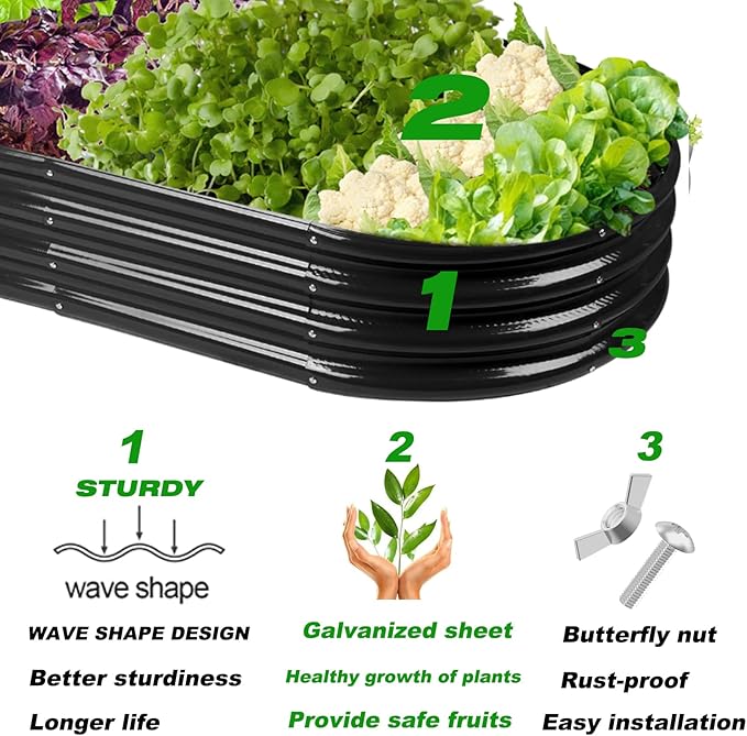 Rakukiri Raised Garden Bed GRS Certified Galvanized Planter Box Outdoor, 5ft Oval Rot-Resistant Metal Garden Bed Planter, Recycled Material Planter for Vegetables Flowers Herbs (Black)
