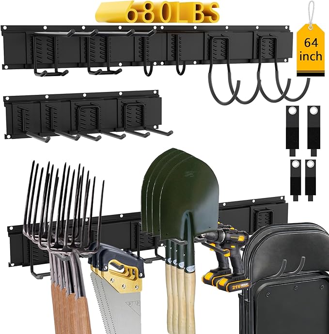 CBWLWJ 64 Inch Garage Tool Organizer Wall Mount, Heavy Duty Steel Storage Rack with 10 Adjustable Hooks, 680 lbs Capacity for Garage, Shed, Basement, Workshop,（Black）