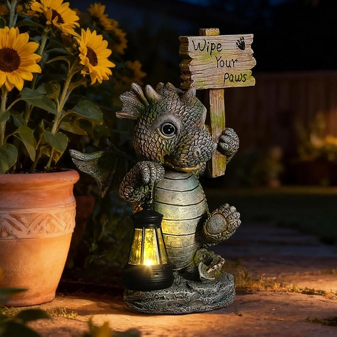 Joint Honglin Solar Dragon Garden Statue with Lantern, Resin Outdoor Yard Decor Figurine, Waterproof Solar Powered Light for Patio, Lawn, Walkway & Front Porch (Dragon)