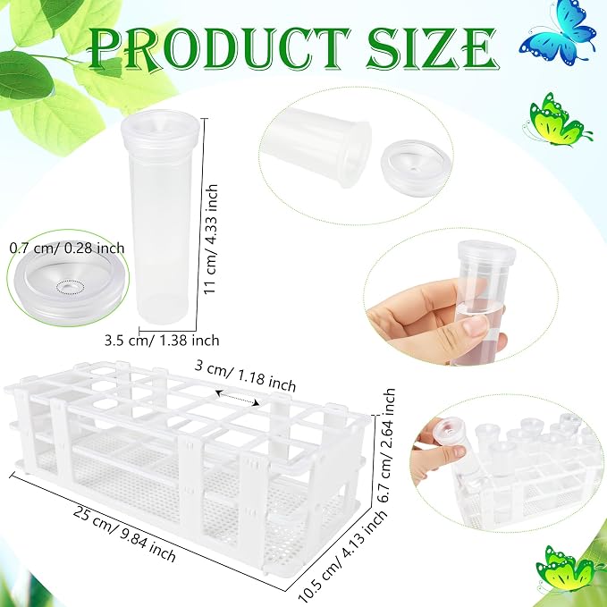 33 Pcs 60 ml Large Floral Water Tubes with 3 Rack Holder Set Transparent Single Flower Stem Water Tubes for Milkweed Cuttings Flower Arrangements