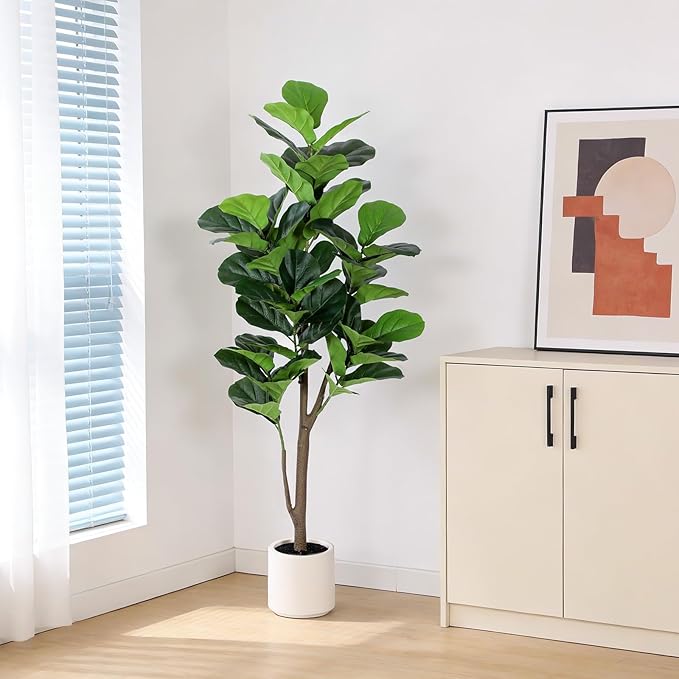 Artificial Fiddle Leaf Fig Tree 5FT with Planter Faux Trees Indoor Tall Artificial Tree, Stable Base, 58 Realistic Leaves, for Indoor/Outdoor Home Office Living Room Decor, Housewarming Gift