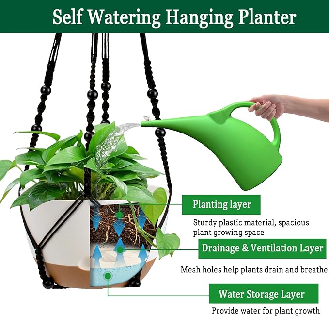 Koalaime Hanging Planter Self Watering 10 Inch, 2 Pack Indoor Outdoor Hanging Baskets, Hanging Flower Pots with Drainage Hole & 2 Kinds of Plant Hangers for Garden Home Decor(Black Hanger