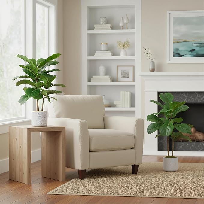 2 Set Fiddle Leaf Fig Fake Plants, 15.7" Faux Green Bonsai Tree with White Marble-Look Pot with Black Speckles, Cement Moss Base, Decorative Artificial Plants Indoor for Home & Office