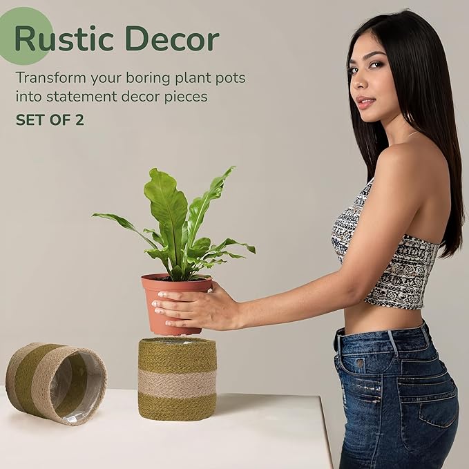 Jute Planter Basket-Woven Jute Rope Covers for Decorating Indoor/Outdoor Succulents, Small Plant Pots-Set of 2-Multi-Purpose Storage Bins 6.5 Inches - Modern Style Décor- Olive & Natural