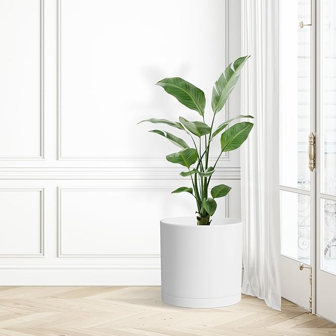 WSMKSZ 12 Inch Large Deep Flower Pots for Outdoor Indoor Plants, Cylinder Tall Plant Pots with Drainage Holes and Saucer, Big Decorative Plastic Planter Pots for Garden House Plants, White