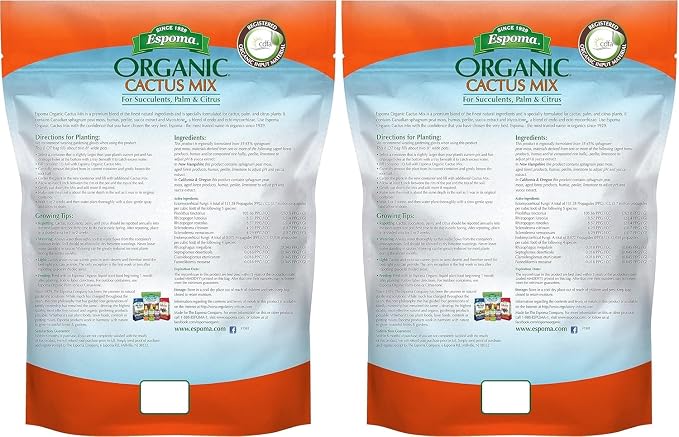 Espoma Organic Cactus Potting Soil Mix, Natural & Organic Soil for Cactus, Succulent, Palm, and Citrus Grown in containers Both Indoors and Outdoors, 4 qt, Pack of 2