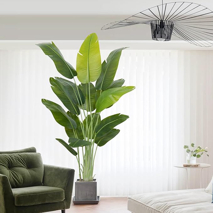 Artificial Bird of Paradise Plant 6.5Ft Tall Fake Tropical Palm Tree Large Fake Plants with 15 Silk Banana Leaves Faux Plant Indoor Decor Trees White Pot for Home Bedroom Living Room Office 2pcs