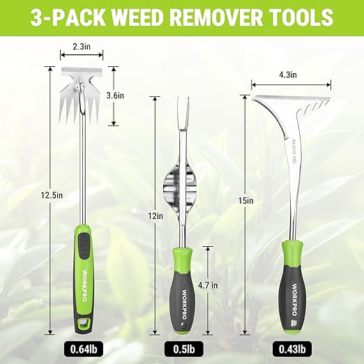 WORKPRO 3-Piece Weed Puller Tool Set – 15" 6-Tine Weed Remover, 12" Hand Weeder, 12.5" Crack Weeder, Stainless Steel with Ergonomic Handle for Lawn, Garden, Yard